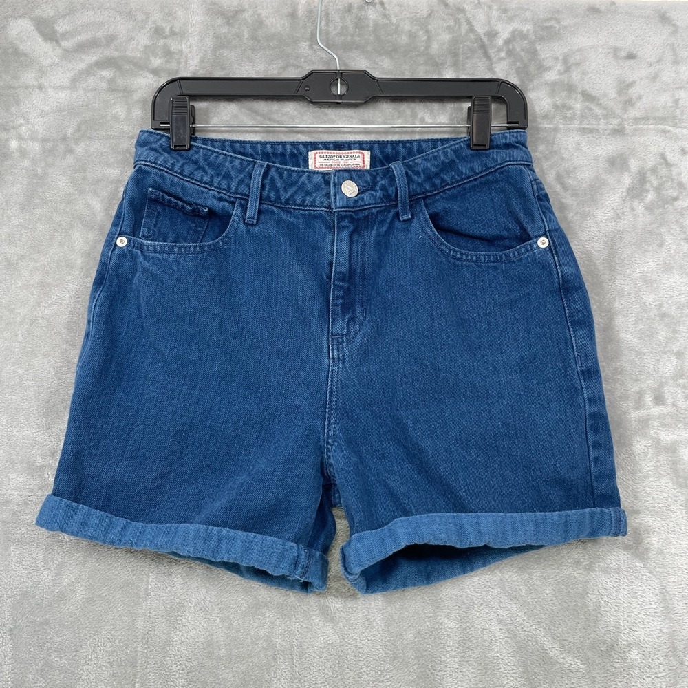 VTG 90's Guess Jean Shorts Women's Size 28 Hi Rise  100% Cotton  Blue Cuffed‎